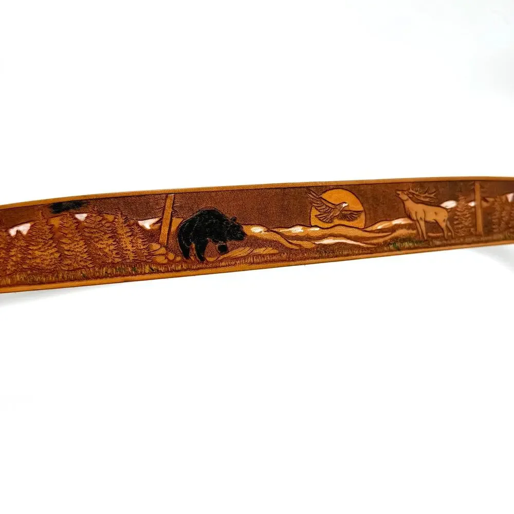 Tooled Leather Western Belt 42 Elk Bear Eagle Wildlife Nature Scene Oval Buckle